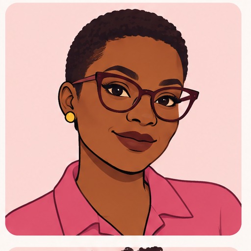 Fictionalized illustrated character with close-cropped hair and angular glasses