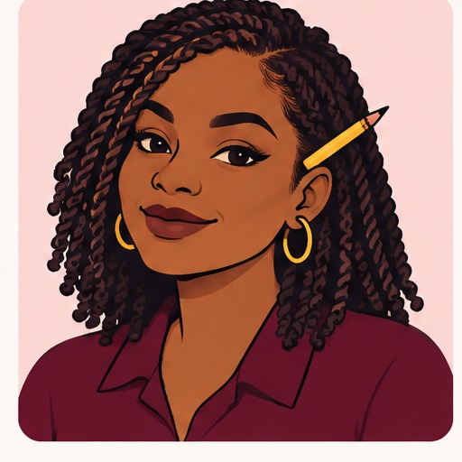 Fictionalized illustrated character with shoulder-length twists and a pencil accessory