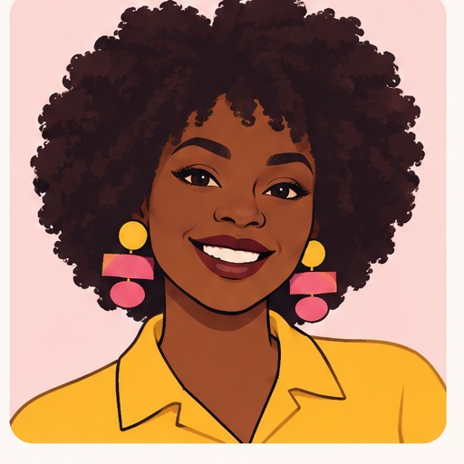 Fictionalized illustrated character with a natural afro and geometric earrings