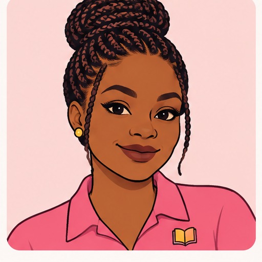 Fictionalized illustrated character with a braided bun and book pin