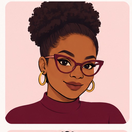 Fictionalized illustrated character with an afro puff and glasses