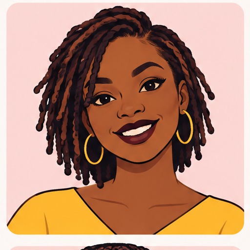 Fictionalized illustrated character with short locs and hoop earrings